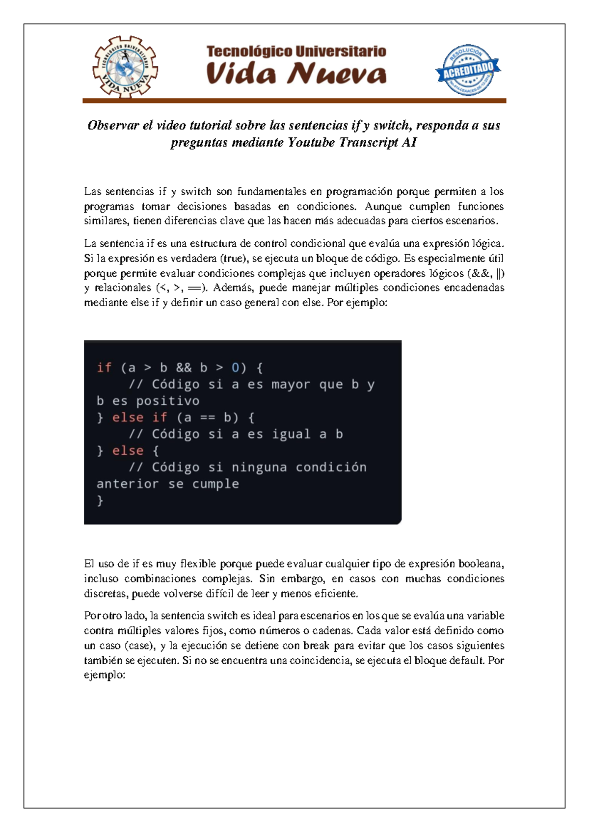 Sentencias If y Switch: Tutorial y Ejercicios de Programación - Studocu
