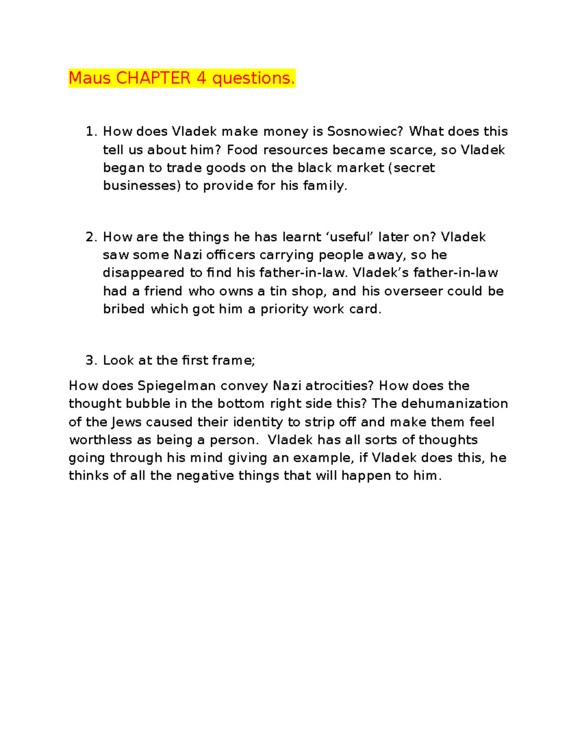 Maus CHAPTER 4 Analysis and Discussion Questions - Studocu