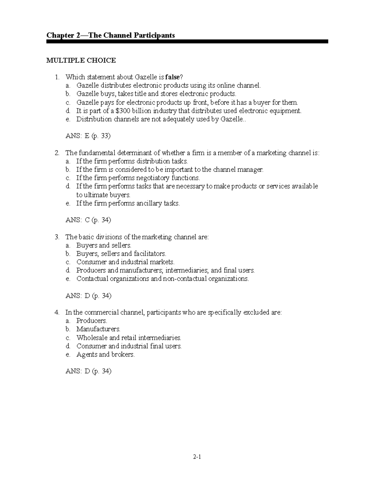 Chapter 02 Exam Questions - Marketing Channels 8th Edition - Studocu