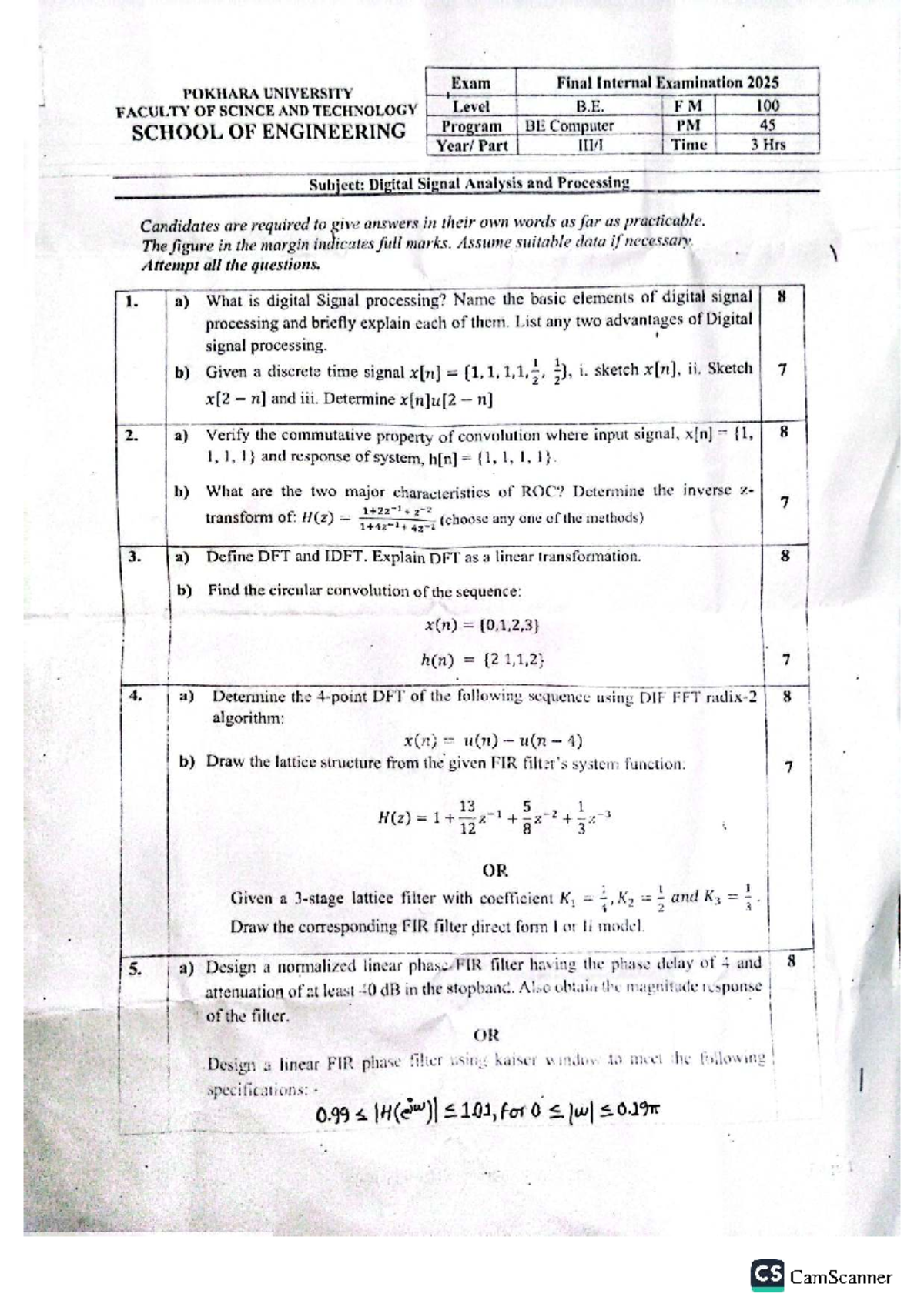 Final Exam Questions for Digital Signal Analysis and Processing (FM 100 ...