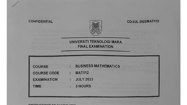 MAT112 Final Exam Questions - Business Mathematics July 2023 - Studocu