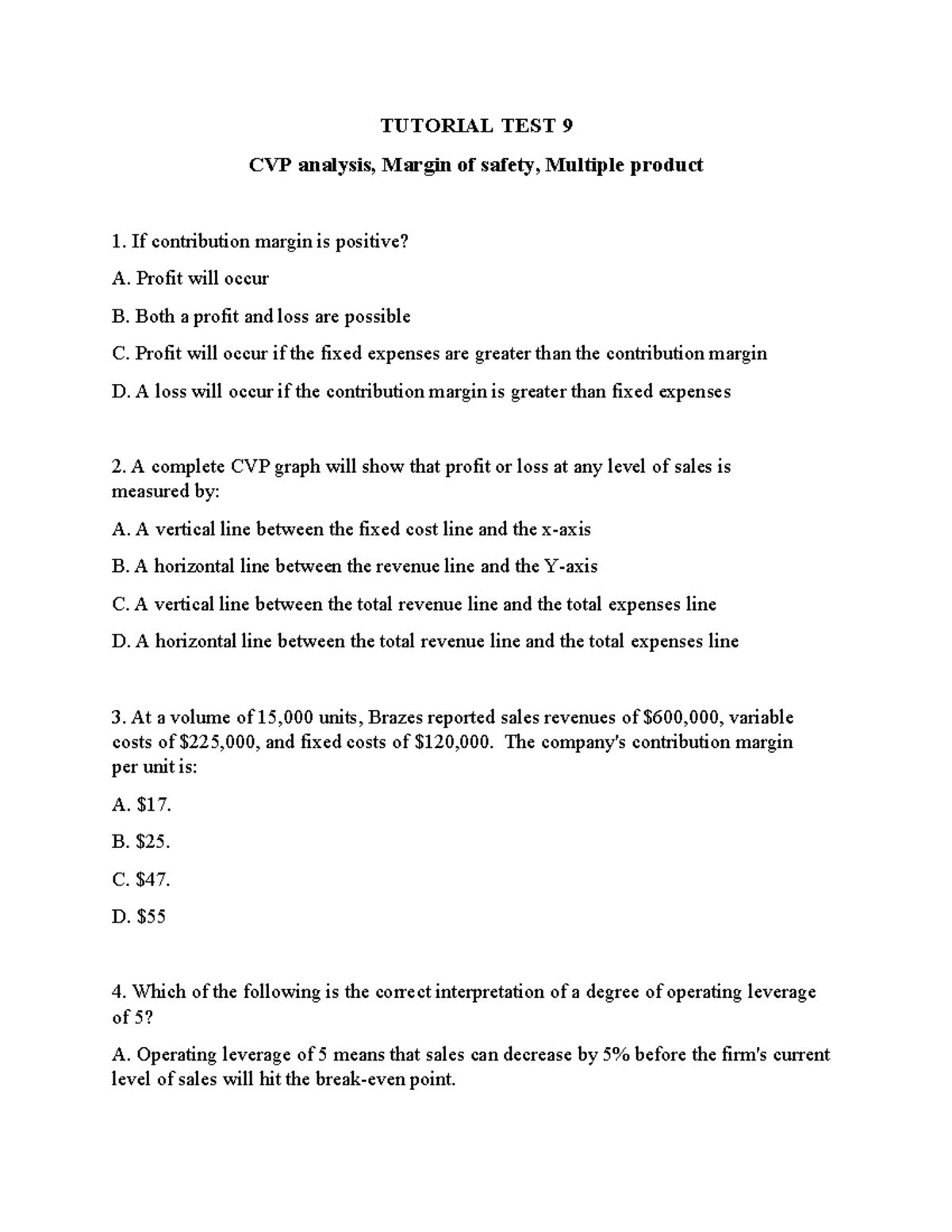 kkkkkkkkkkkkkkkkkkkk - TUTORIAL TEST 9 CVP analysis, Margin of safety ...