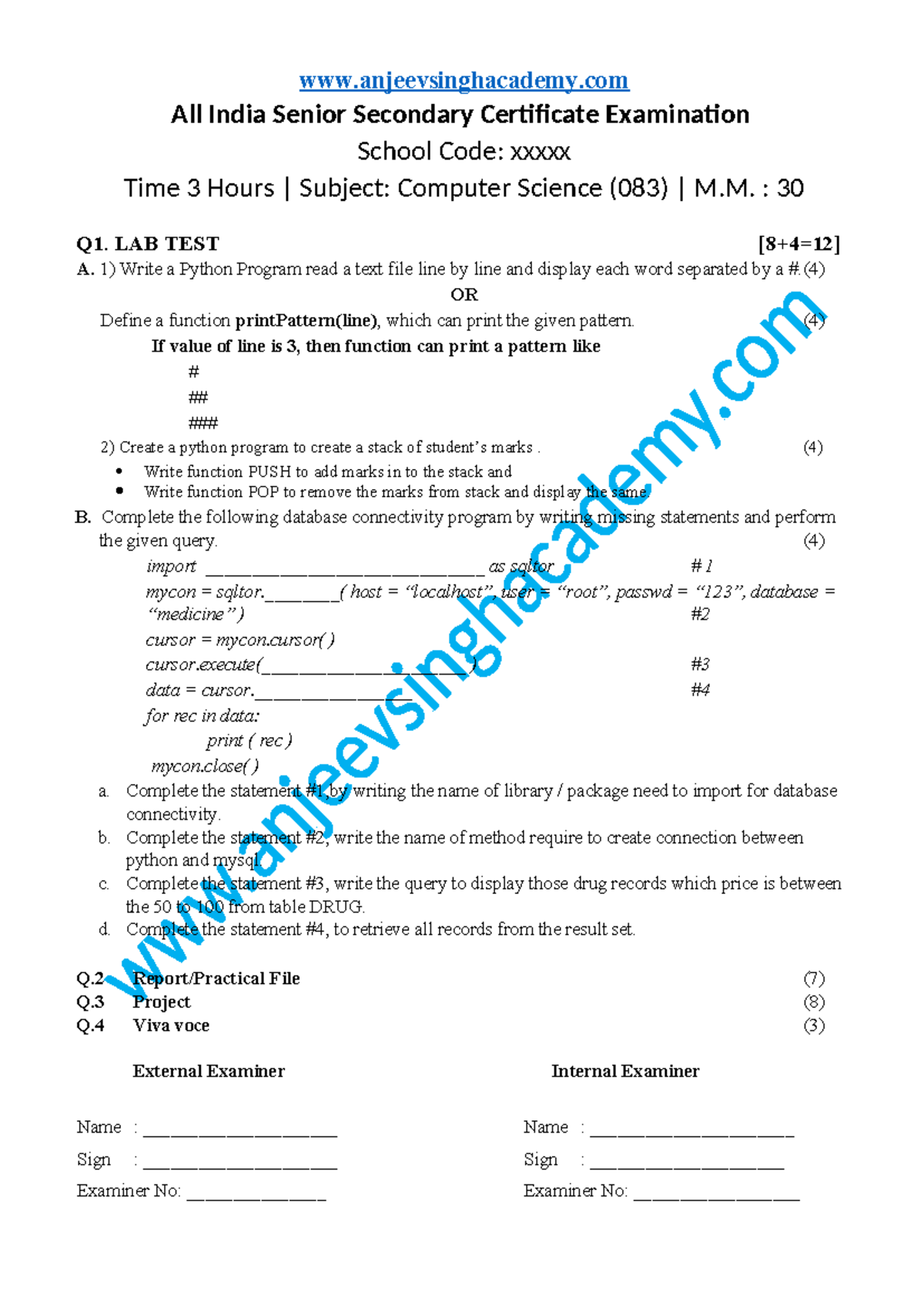 AISSCE Computer Science Practicals QP 1 (Subject Code: 083) - Studocu