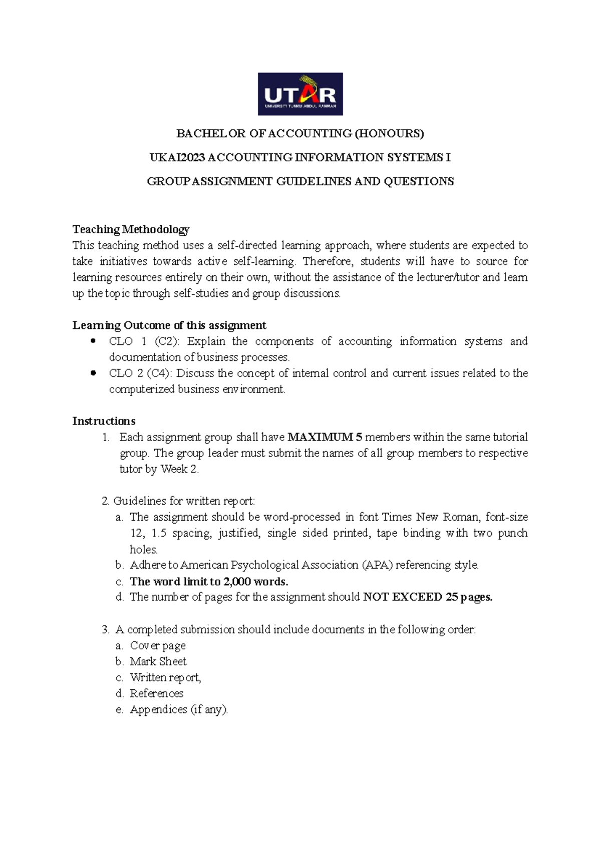 AIS 1 Assignment - BACHELOR OF ACCOUNTING (HONOURS) UKAI2023 ACCOUNTING ...