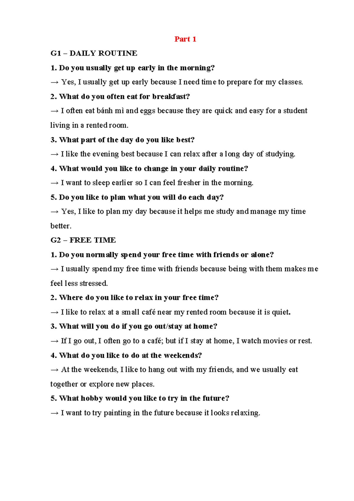 Part 1 G1-G8 DAILY ROUTINE & FREE TIME REFLECTIONS - Studocu