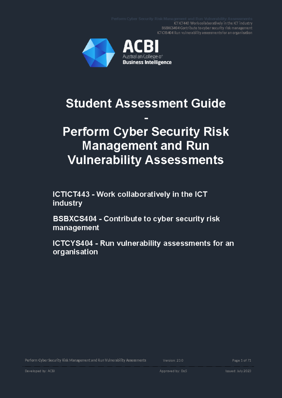 ICTICT443 & BSBXCS404 Cyber Security Risk Management Assessment Guide ...
