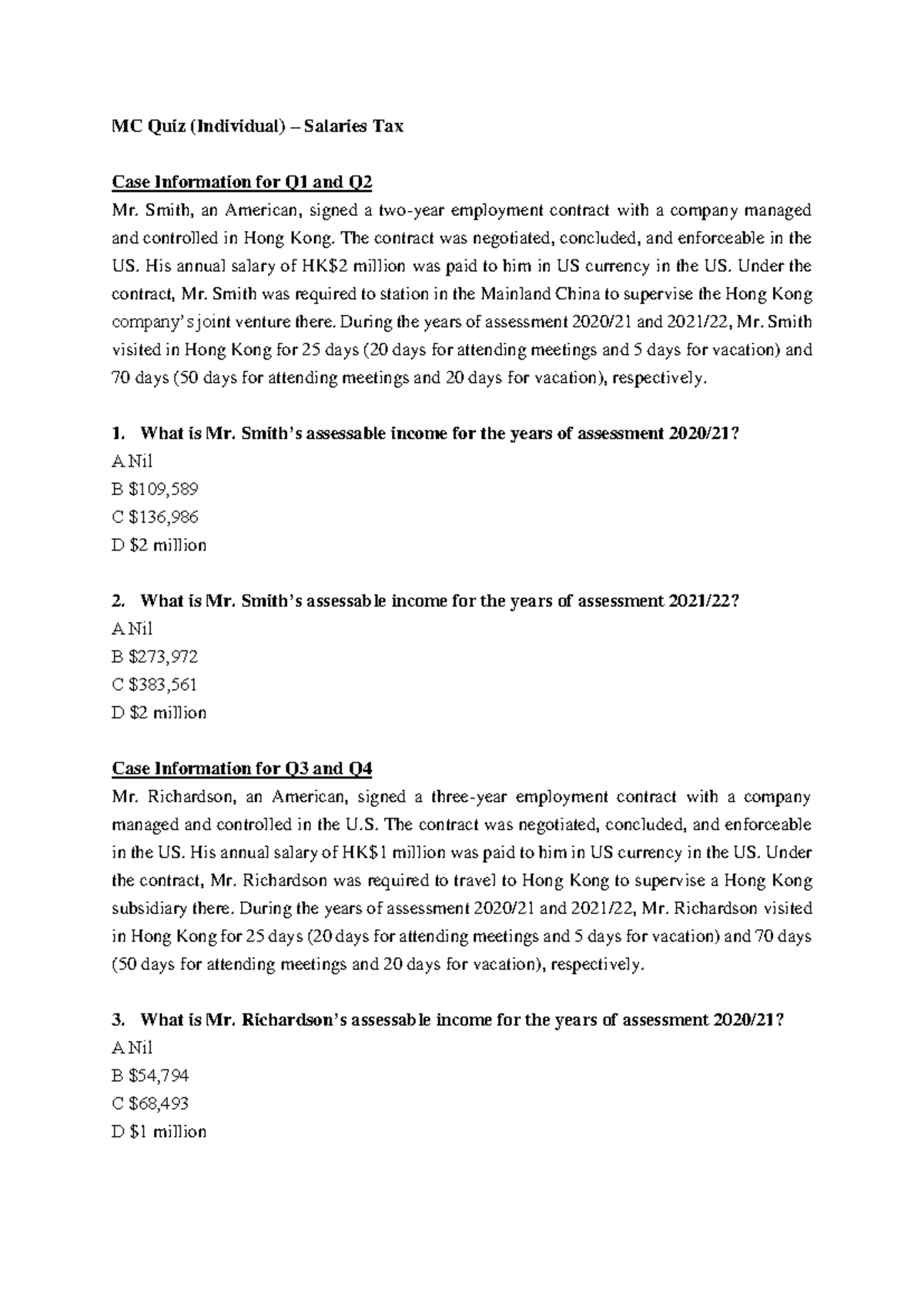 3. Salaries Tax - MC Quiz Questions and Answers - Studocu