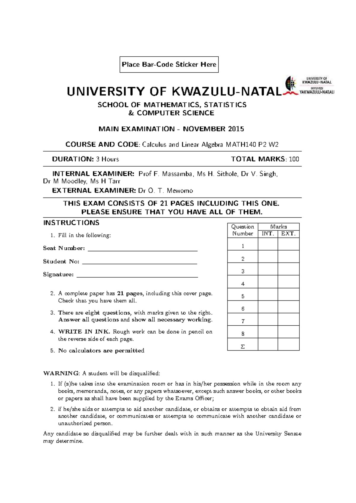 Math140 Final Exam November 2015 - Calculus & Linear Algebra - Studocu