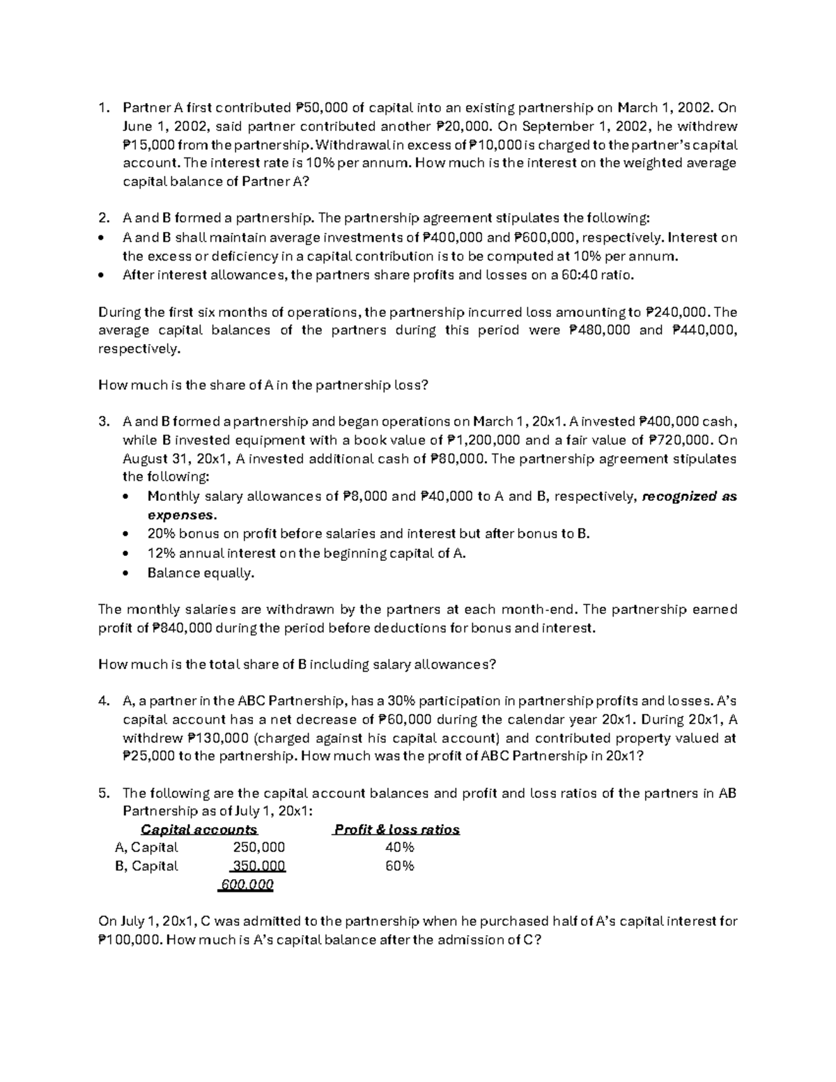 Partnership Activity Analysis: Capital Contributions & Profit Sharing ...