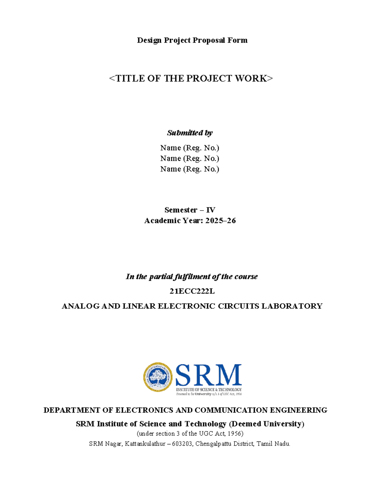 Project Proposal Template for 21ECC222L: Analog & Linear Circuits Lab ...