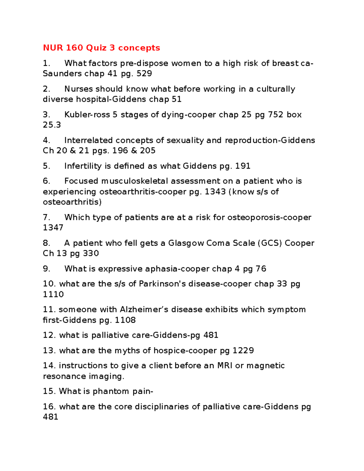NUR 160 Quiz 3: Key Concepts and Important Topics - Studocu