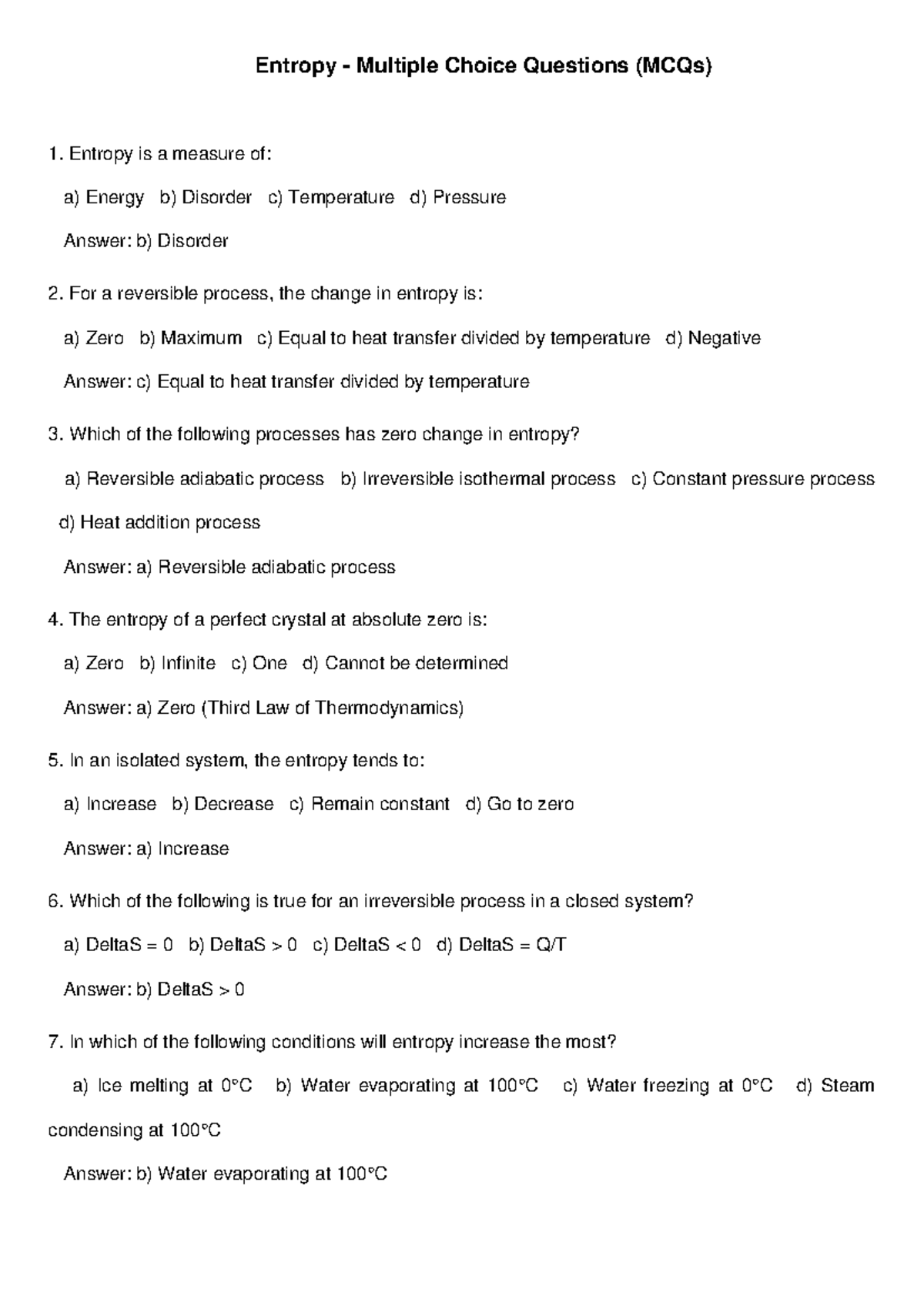 Entropy MCQs for thermodynamics concepts and principles - Studocu