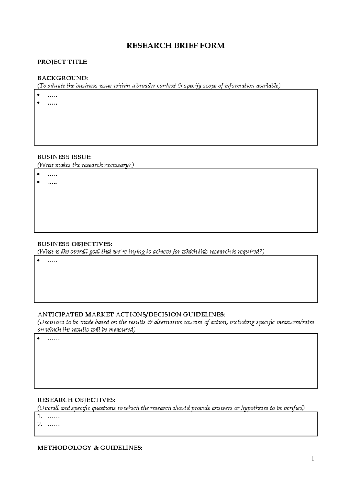Research Brief Template: Business Issue & Objectives Overview - Studocu
