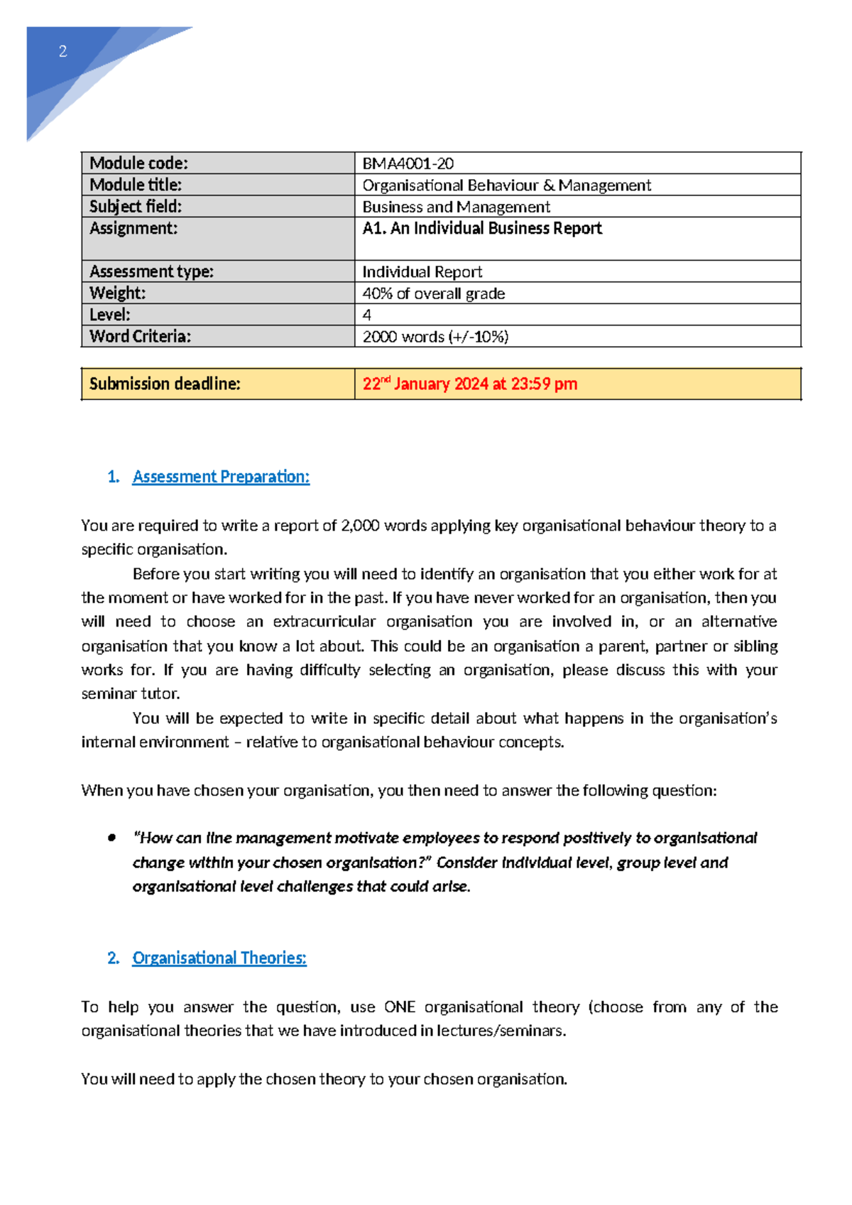 BMA4001 - Individual Business Report on Organisational Behaviour ...