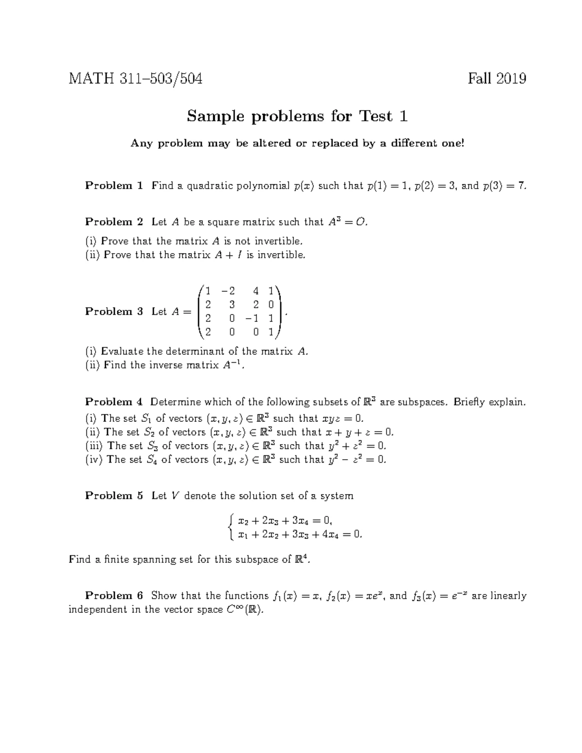 MATH 311 Sample Problems for Exam 2 - Fall 2019 Review - Studocu