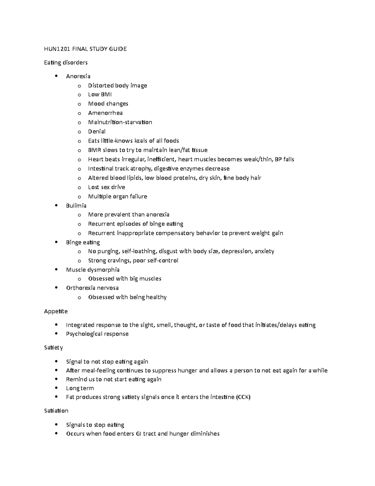 HUN1201 Final Exam Study Guide: Understanding Eating Disorders and ...