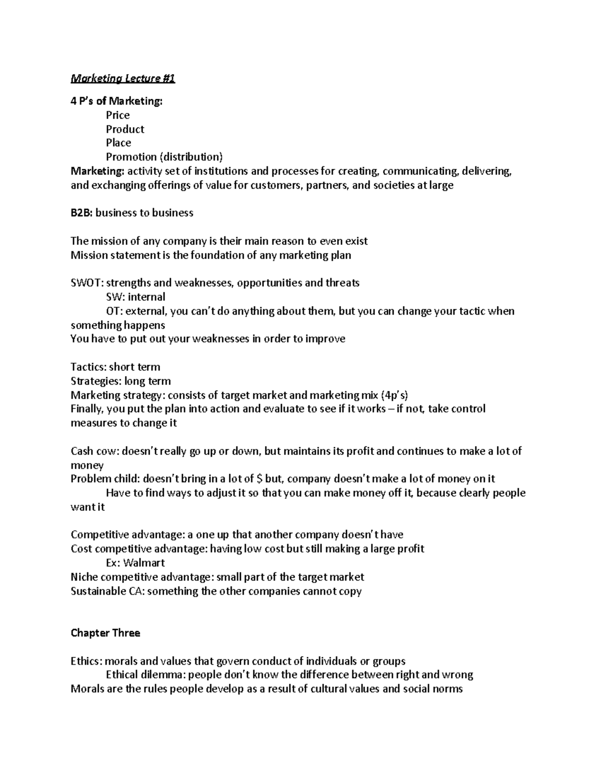 Marketing Lectures - Lecture notes all - Marketing Lecture # 4 P’s of ...