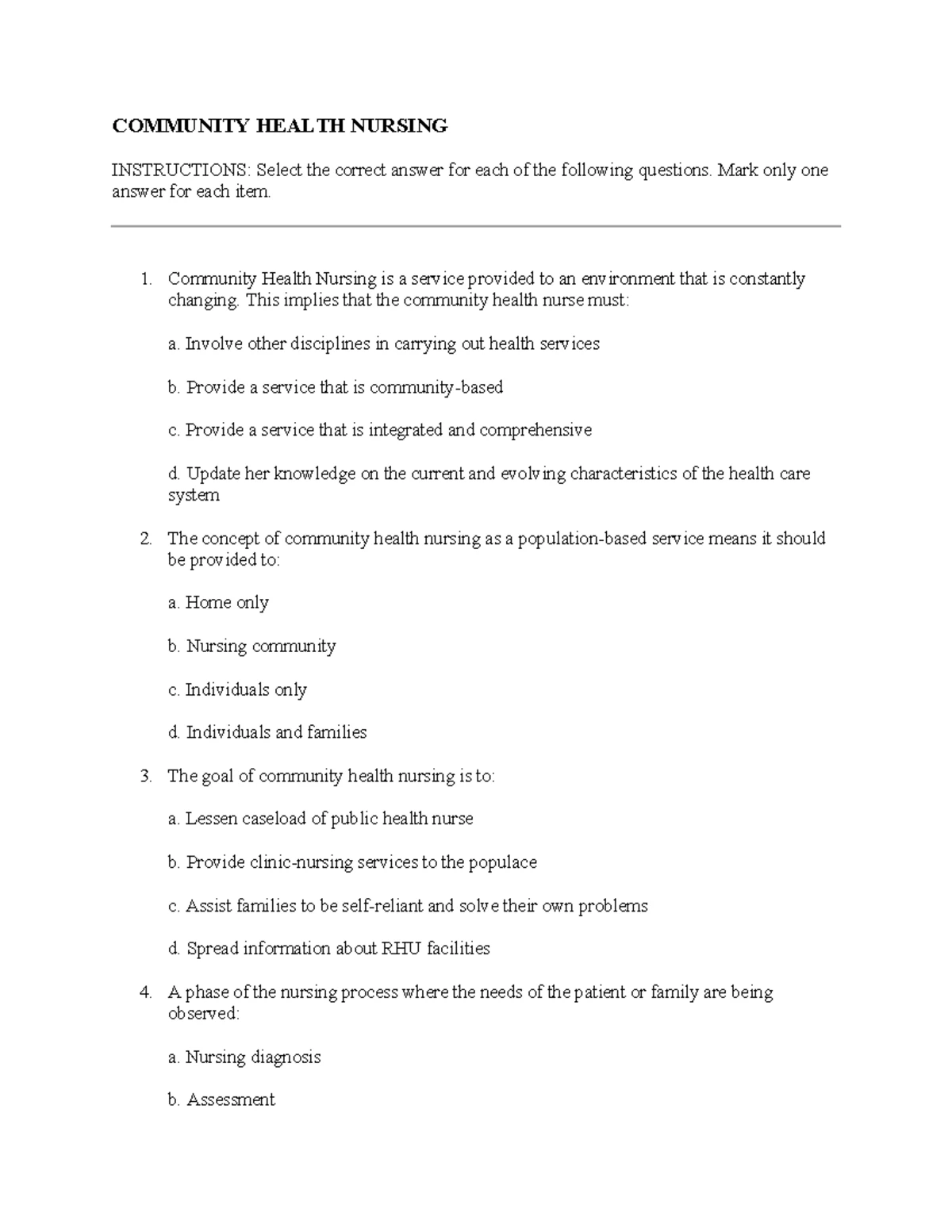 CHN 101: Community Health Nursing Quiz Notes and Key Concepts - Studocu