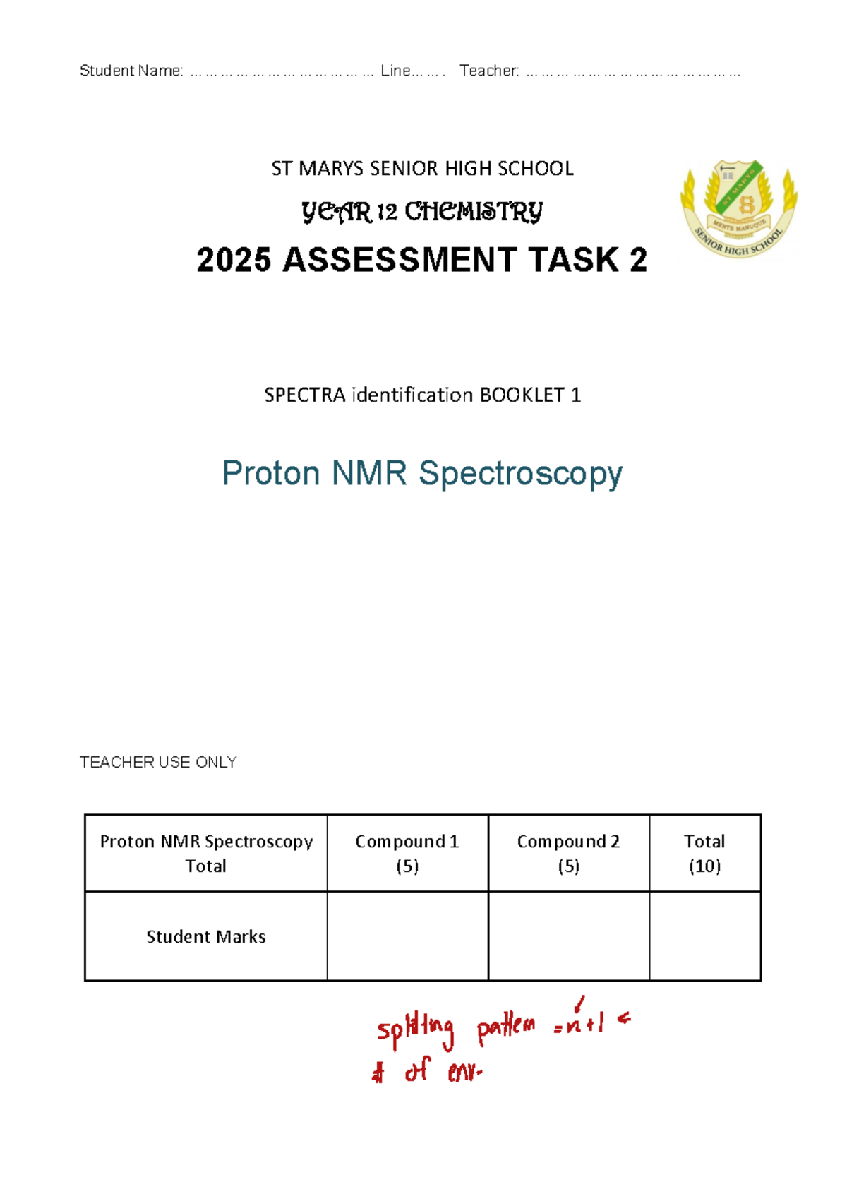 Year 12 Chemistry 2025 Assessment Task 2: Spectra Identification ...