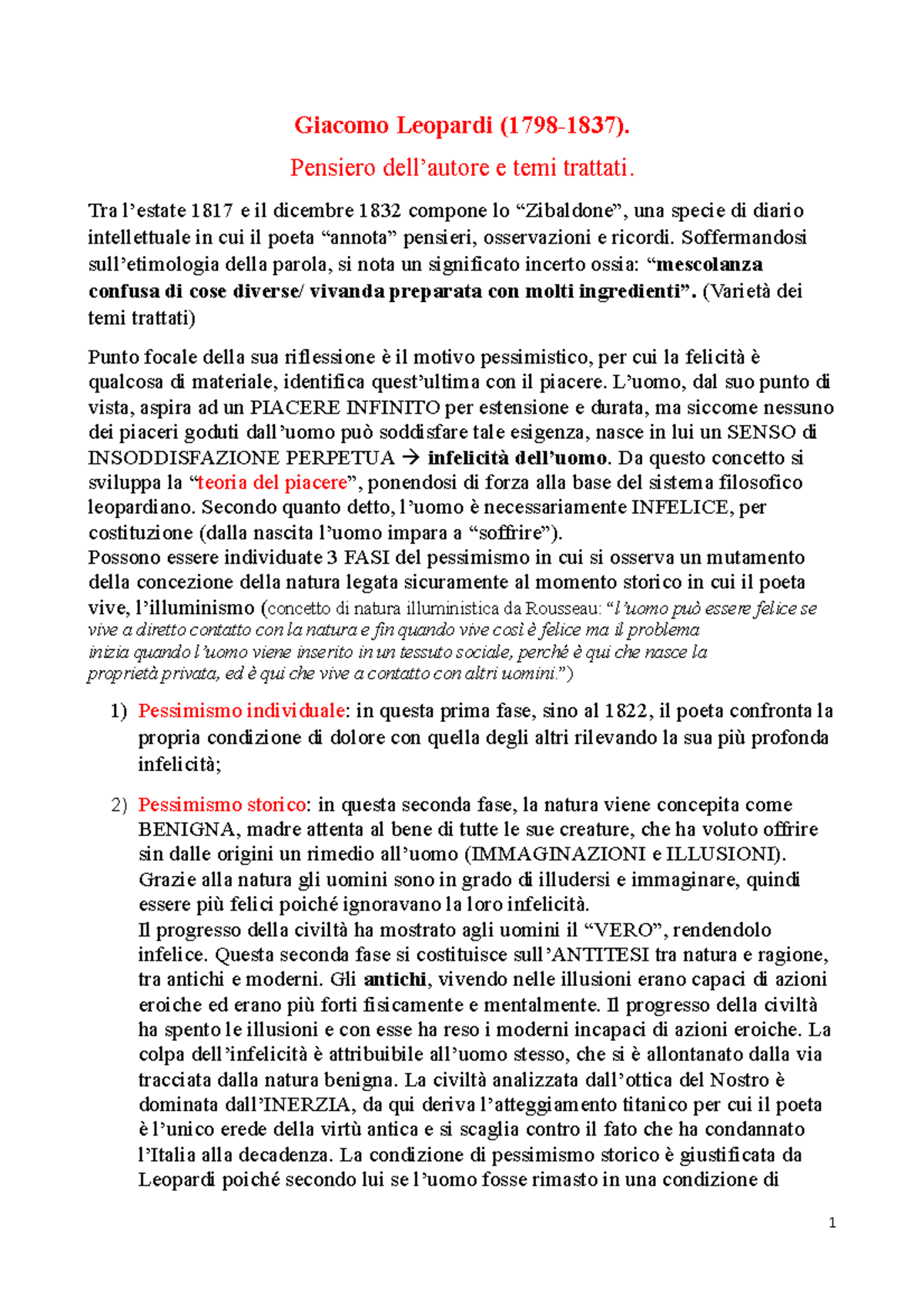 Leopardi: Temi e Fasi del Pessimismo nel Pensiero Filosofico - Studocu