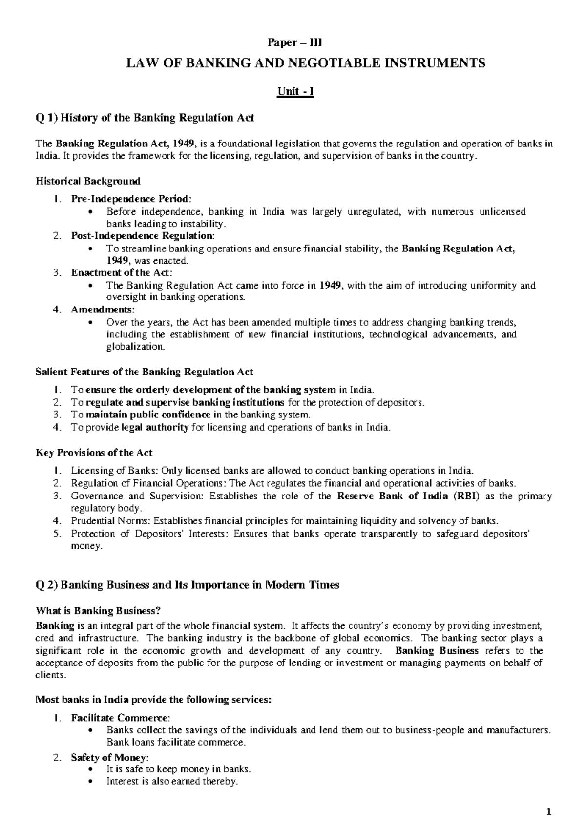 Paper III - LAW OF Banking AND Negotiable Instruments - Paper – III LAW ...