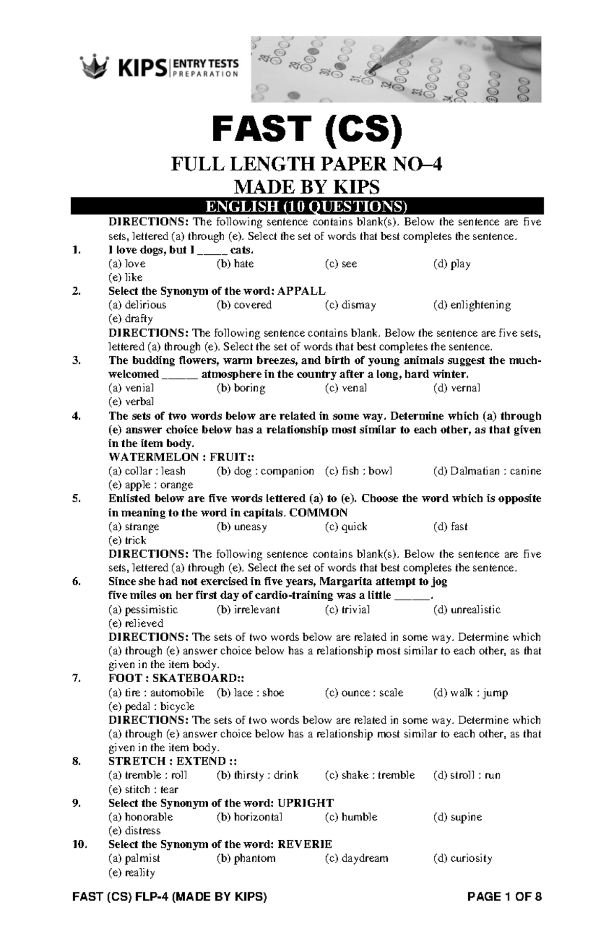 FAST (CS) FULL LENGTH PAPER - KIPS ENGLISH (10 Qs) Study Material - Studocu