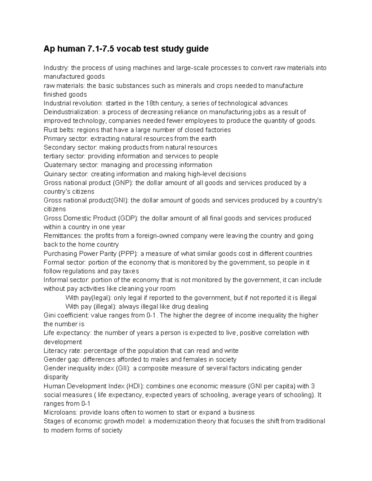 AP Human Geography Vocab Test Study Guide (Ch. 7.1-7.5) - Studocu