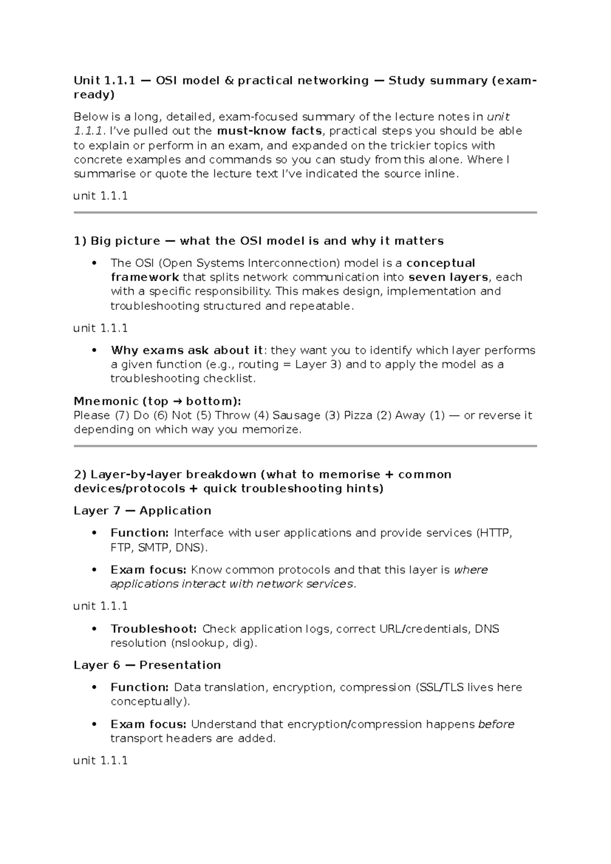 Unit 1.1.1 OSI Model Practical Networking Study Summary (Exam Ready ...