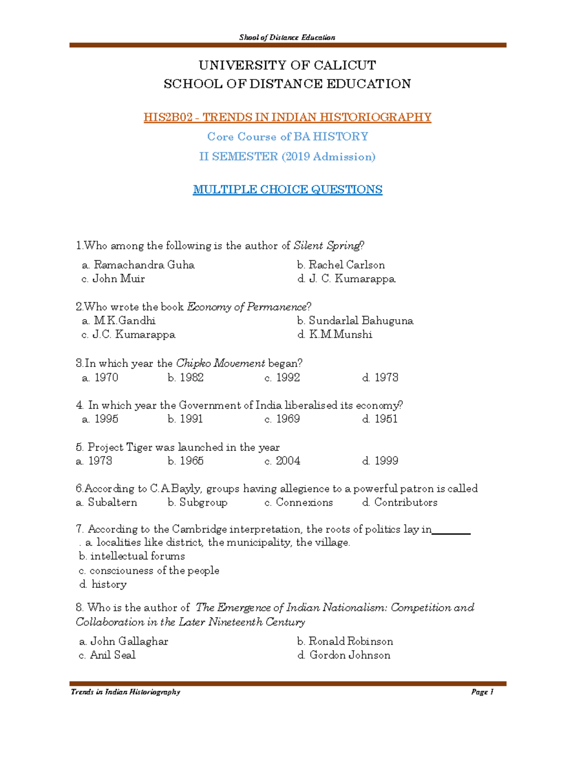 HIS2B02 - MCQs on Trends in Indian Historiography for BA History - Studocu