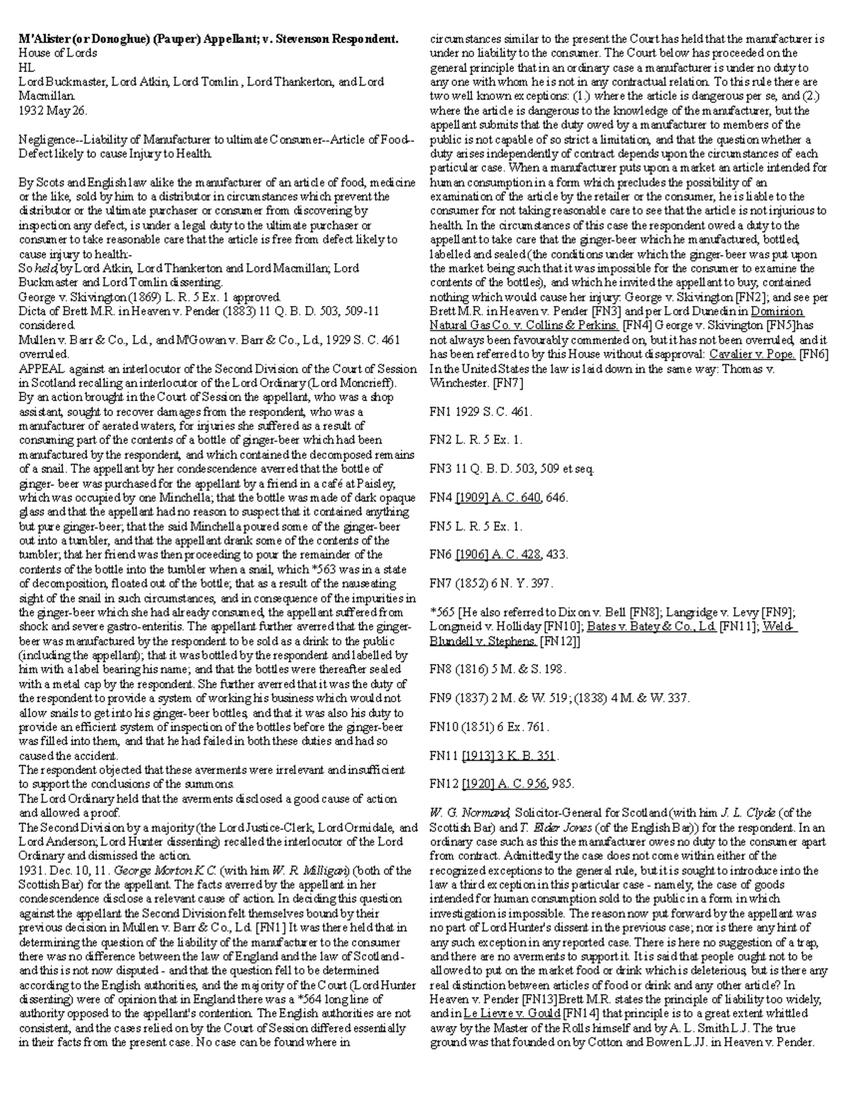 Donoghue v. Stevenson Case Summary - BACHELOR OF LAW Notes - Studocu