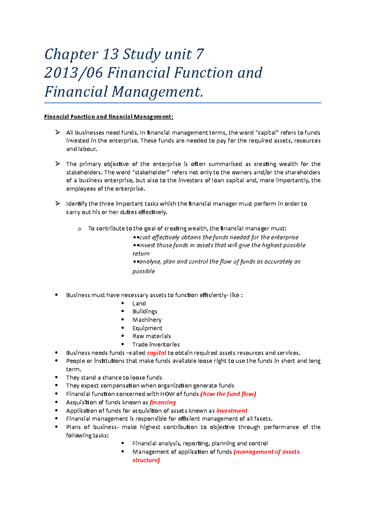 MNB1601 - Chapter 13 Study Unit 7: Financial Management Overview - Studocu