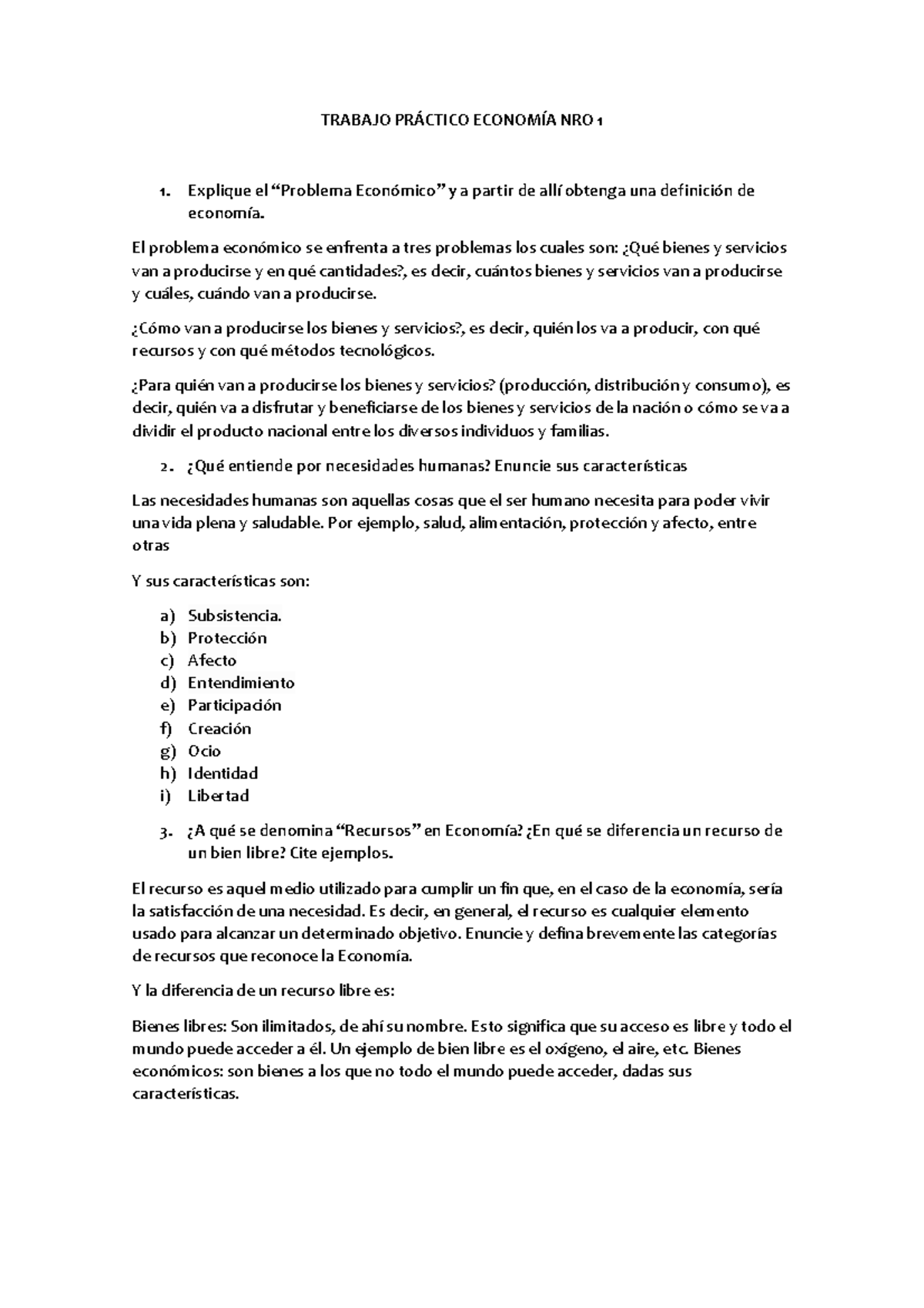 Trabajo Práctico de Economía N° 1: Análisis del Problema Económico y ...