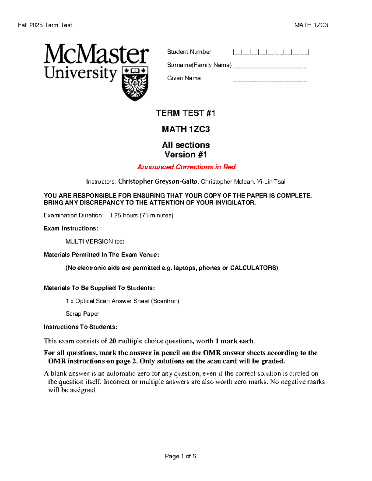 Fall 2025 Term Test MATH 1ZC3 - Student Instructions & Answer Key - Studocu