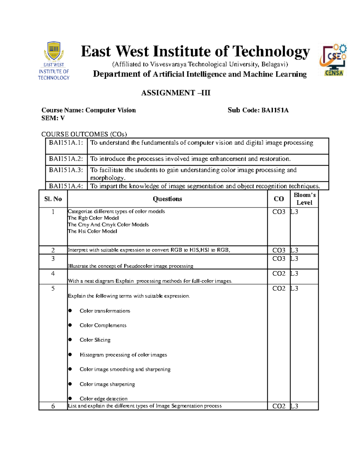 Computer Vision Assignment-3 - East West Institute of Technology ...