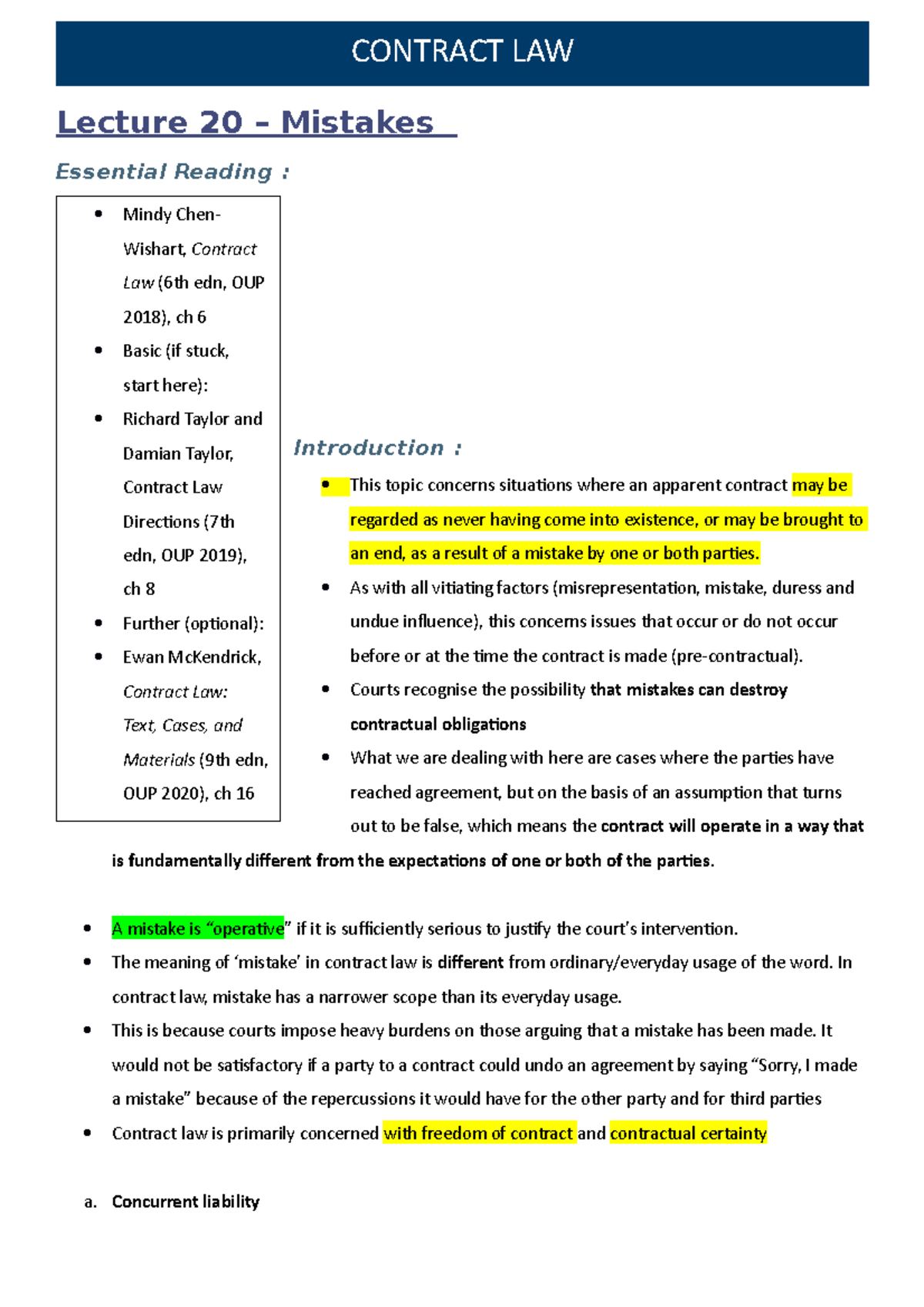 L 20 Lecture Notes - Mistakes in Contract Law Analysis - Studocu