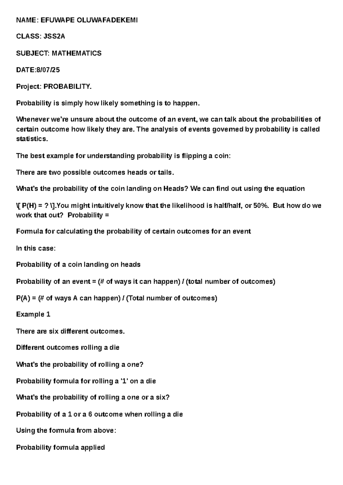 JSS2A Mathematics Project: Understanding Probability Concepts - Studocu