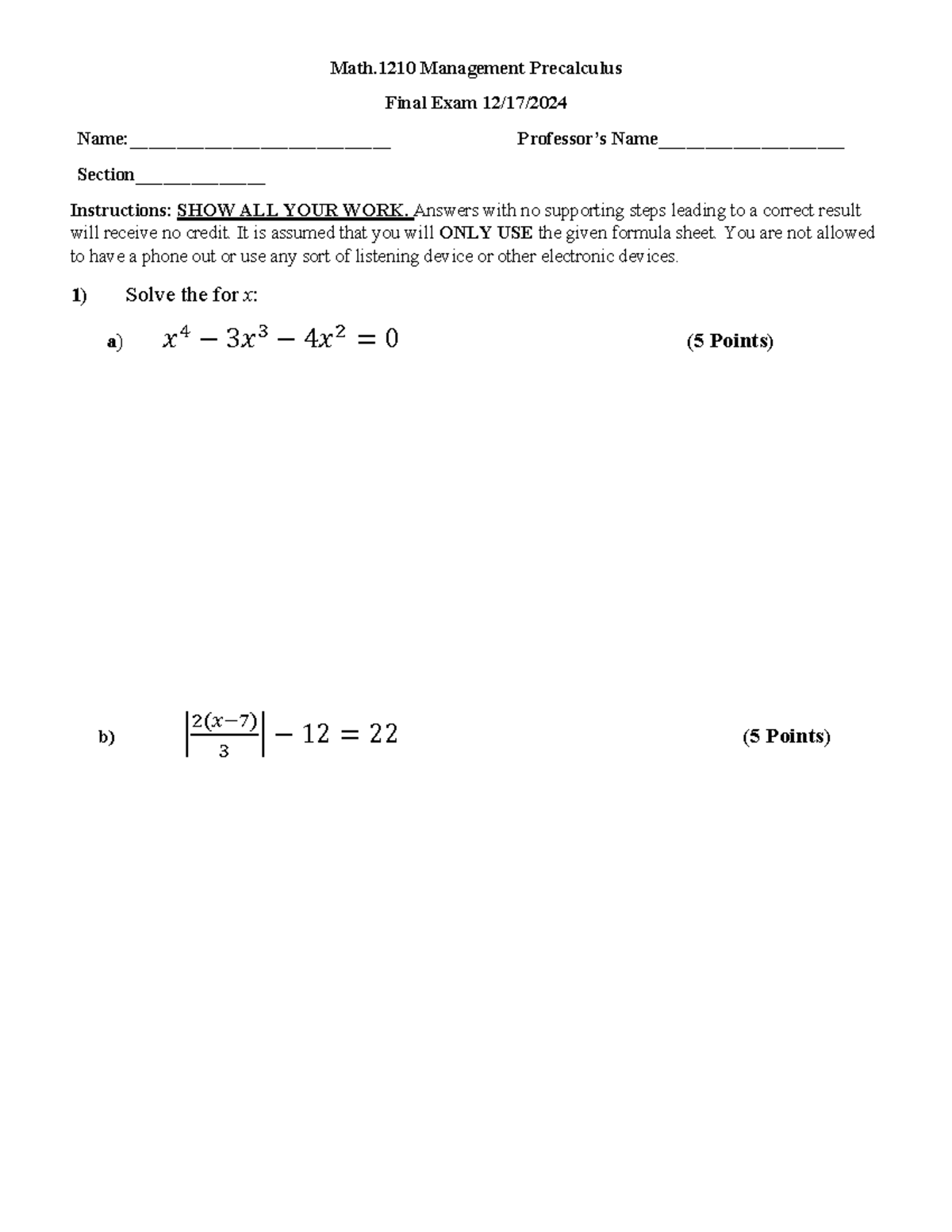 Math 1210 Management Precalculus Final Exam Questions and Solutions ...