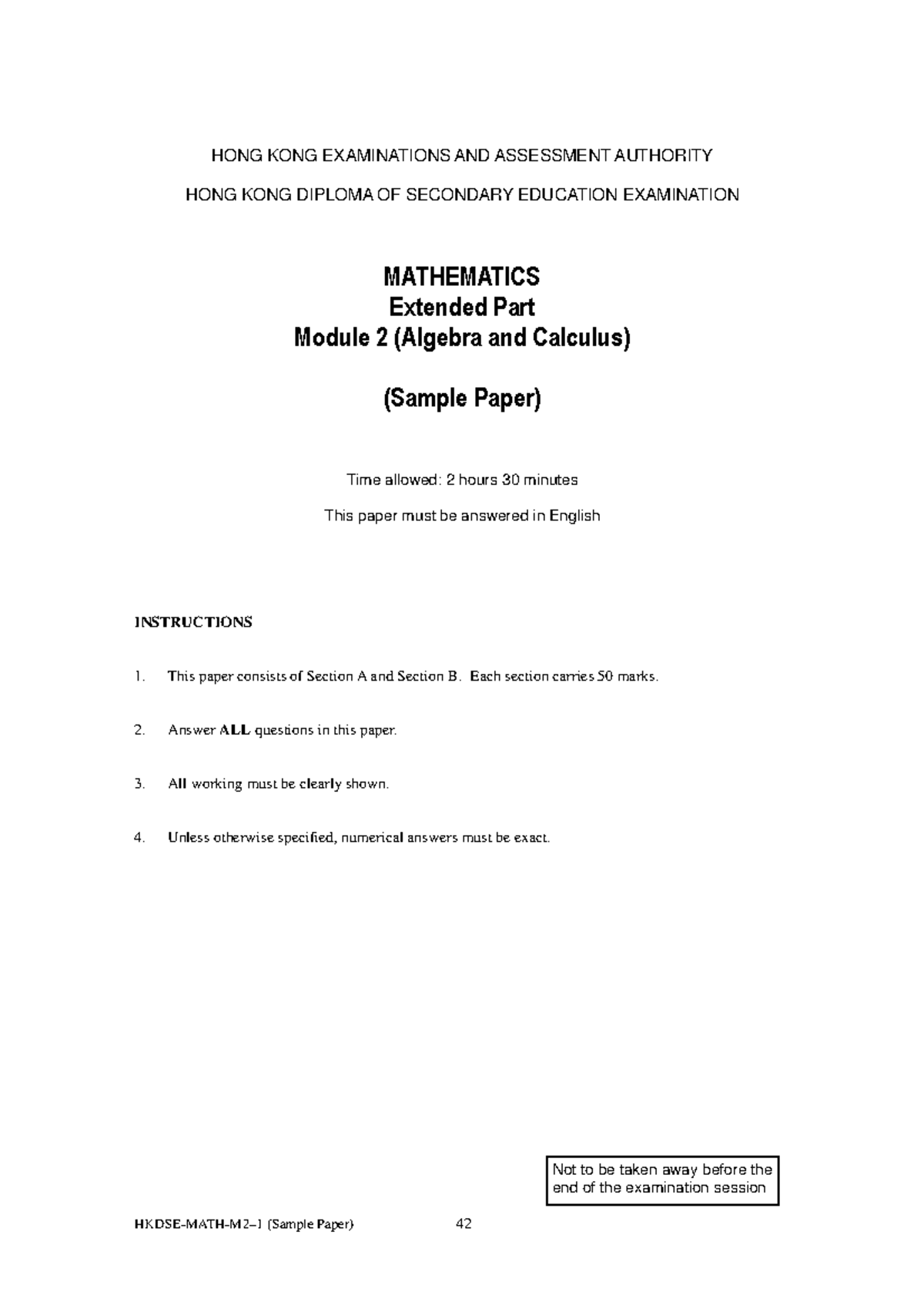MATH Extended Paper M 2 E - Sample Paper for HKDSE Exam 2023 - Studocu