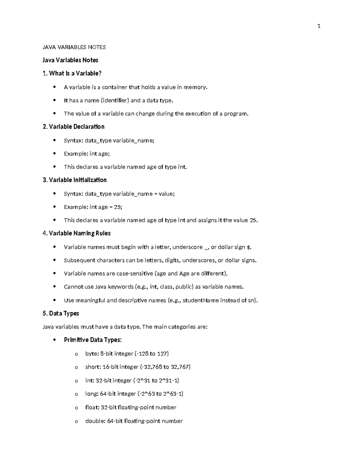 JAVA VARIABLES NOTES: Understanding Java Variables and OOP Concepts ...