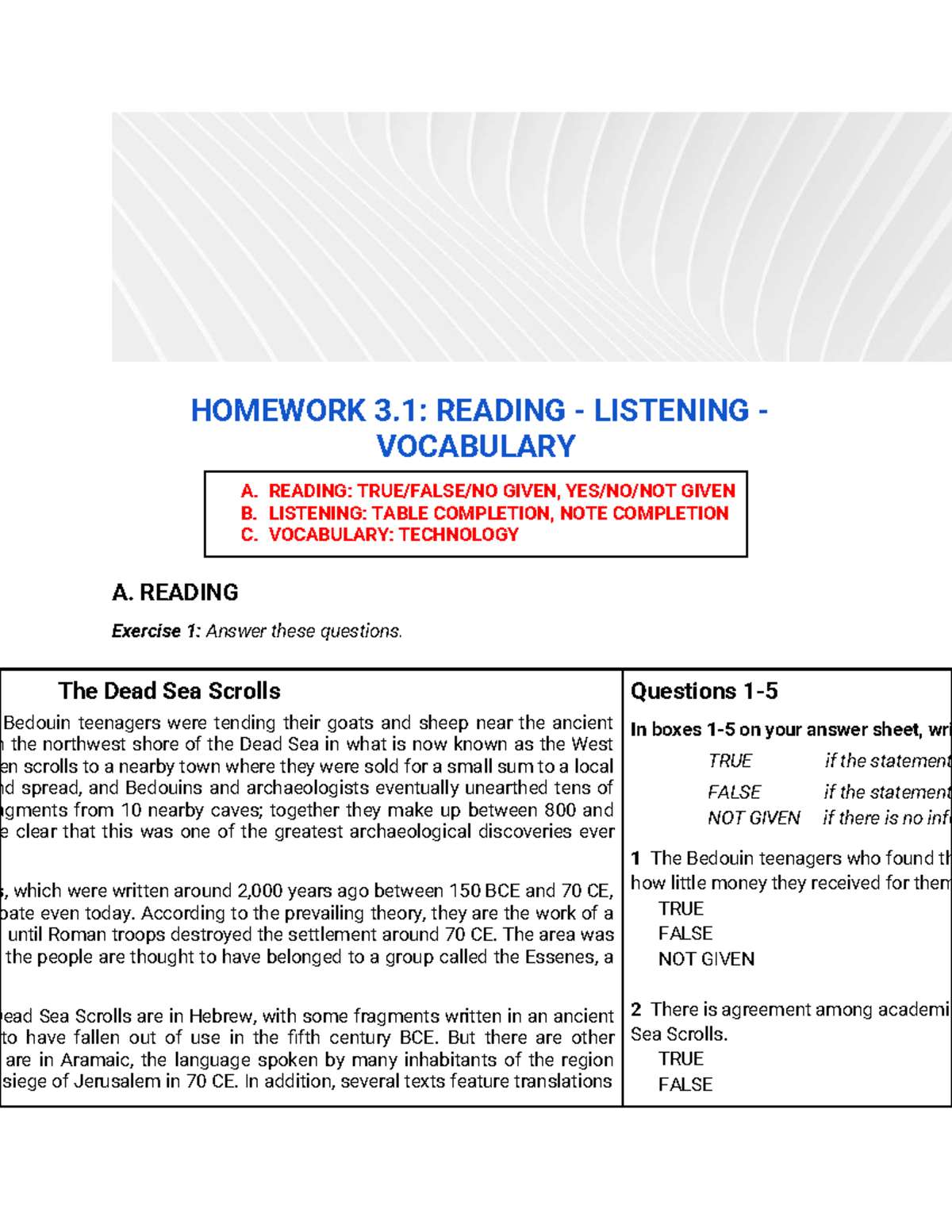 Homework 3.1: Reading, Listening, and Vocabulary Exercises - Studocu