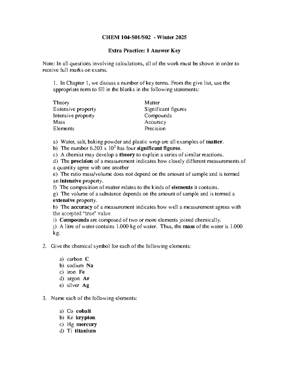 CHEM 104 Winter 2025 Extra Practice: Answer Key and Solutions - Studocu