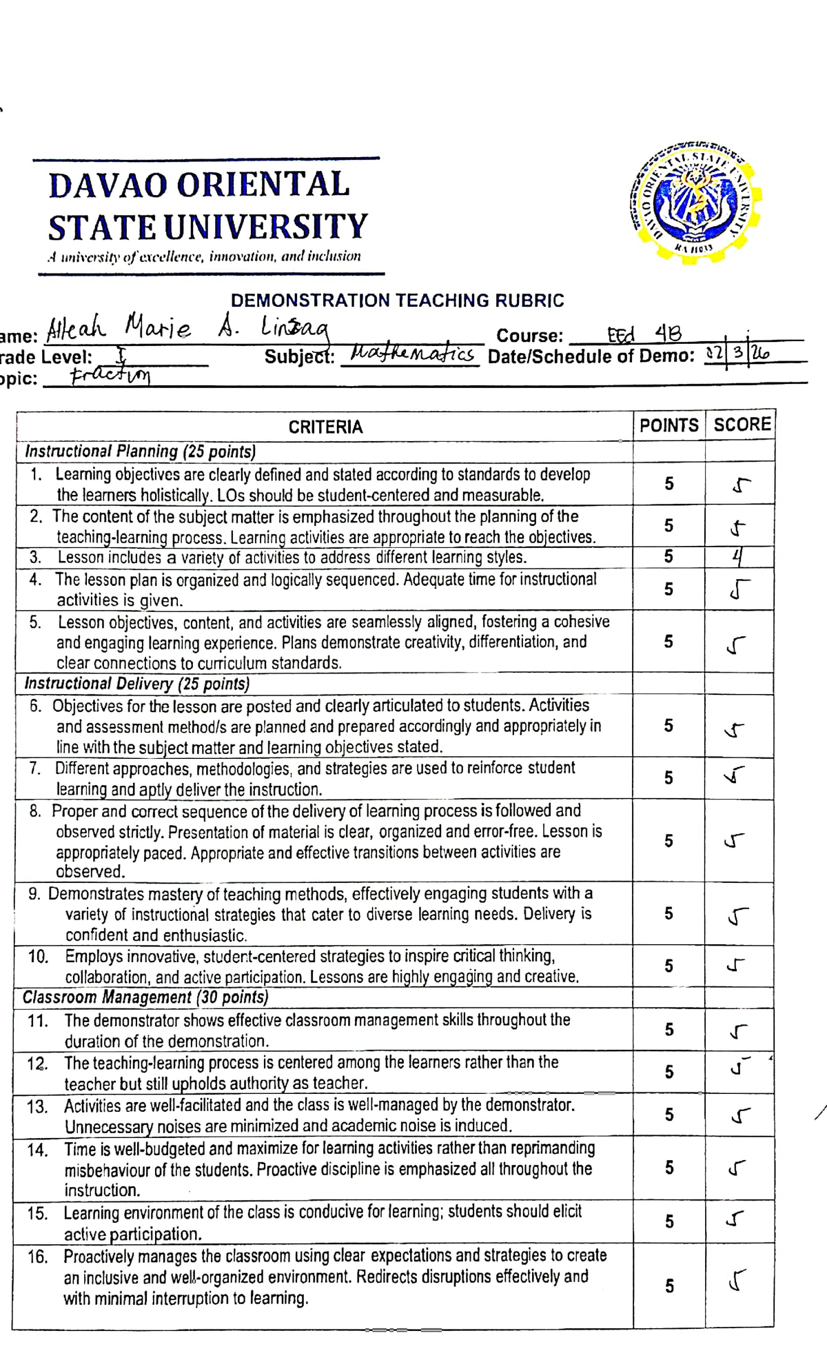 TED 48 Demonstration Teaching Rubric: Assessment Criteria and ...