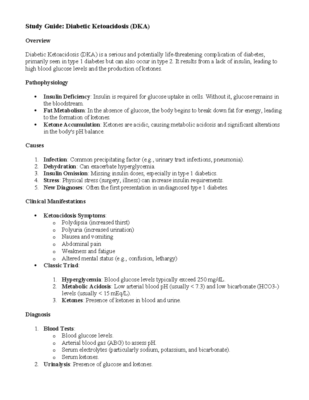 Study Guide: Diabetic Ketoacidosis (DKA) Overview and Notes - Studocu