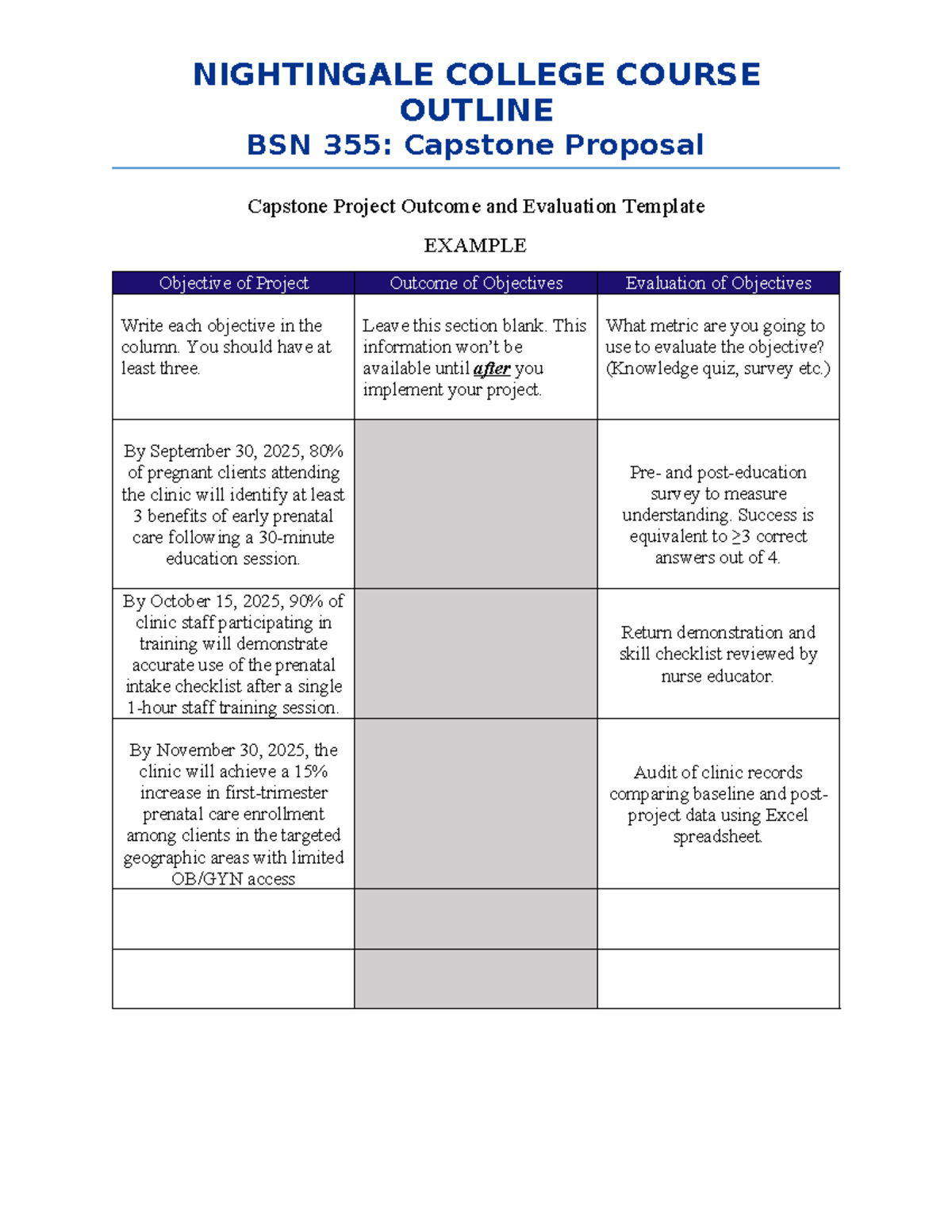 BSN 355 Capstone Project Outcome & Evaluation Template Example - Studocu