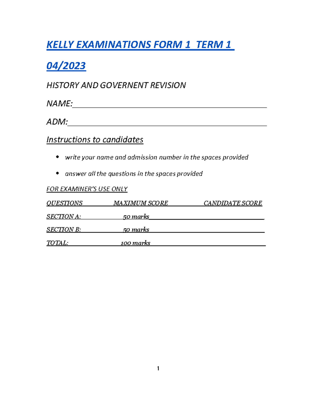 UT - History and Government Revision Exam Questions Form 1 Term 1 - Studocu