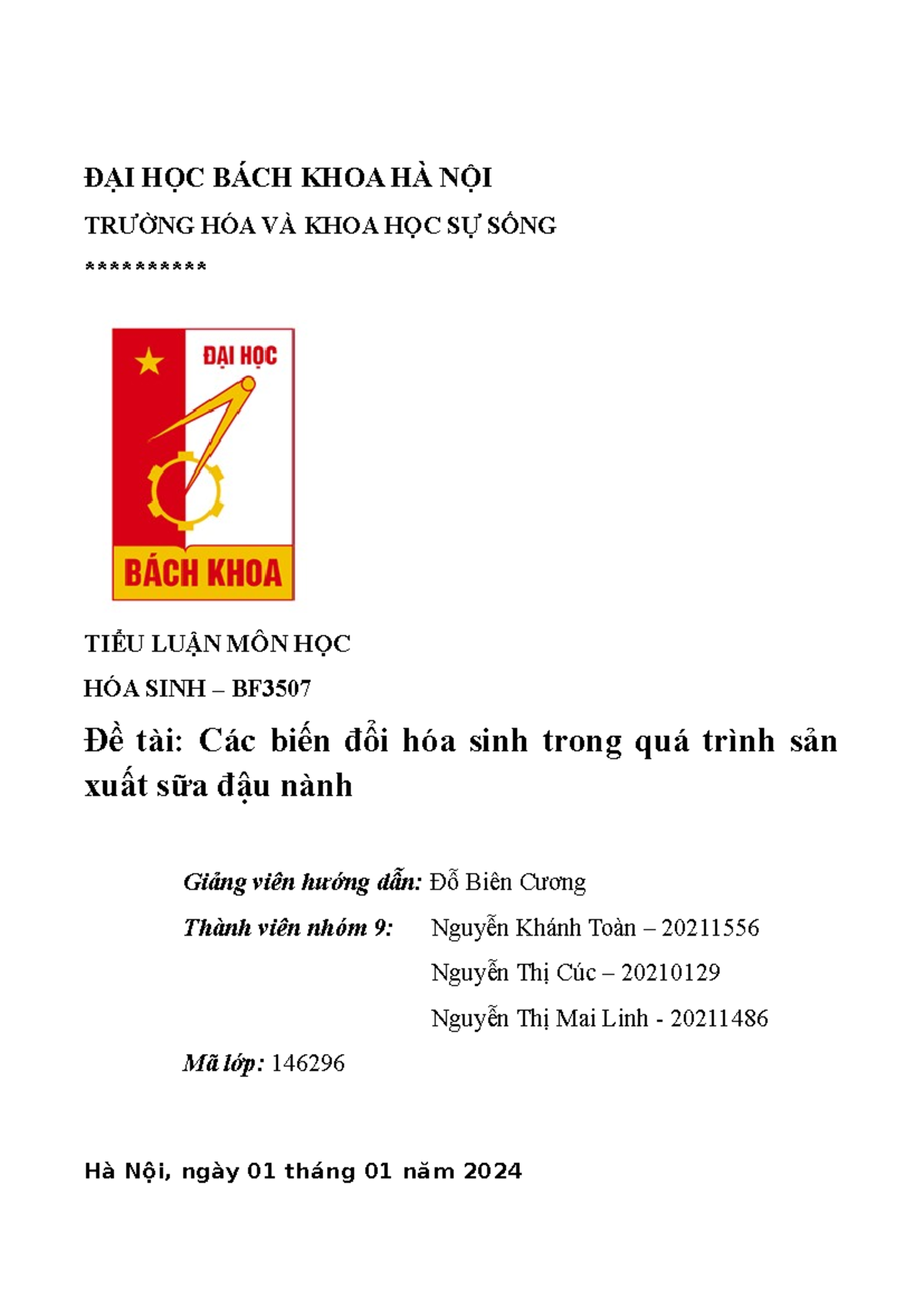 Biến Đổi Hóa Sinh Trong Sản Xuất Sữa Đậu Nành - HÓA SINH BF - Document Preview
