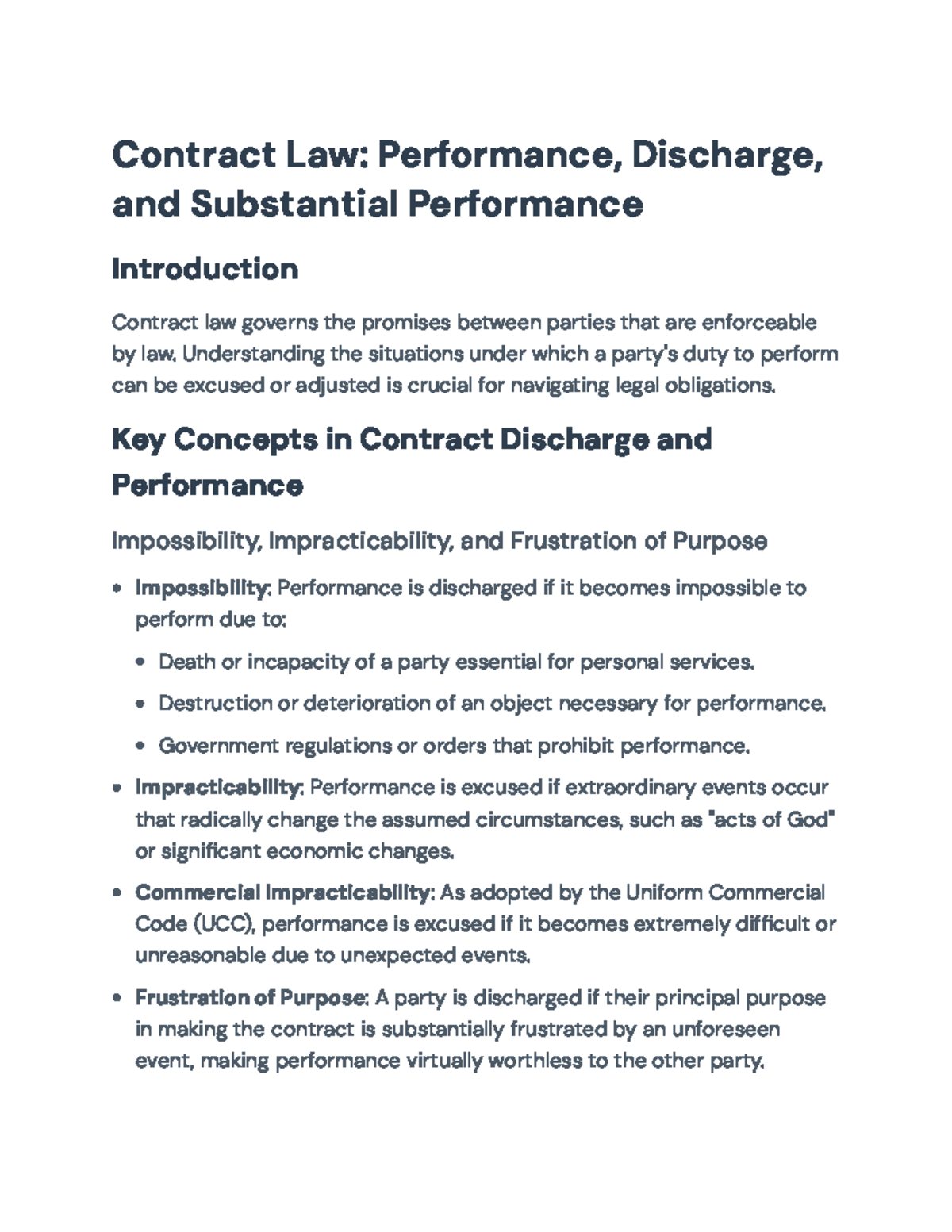 Contract Law: Performance, Discharge, and Substantial Performance Notes ...