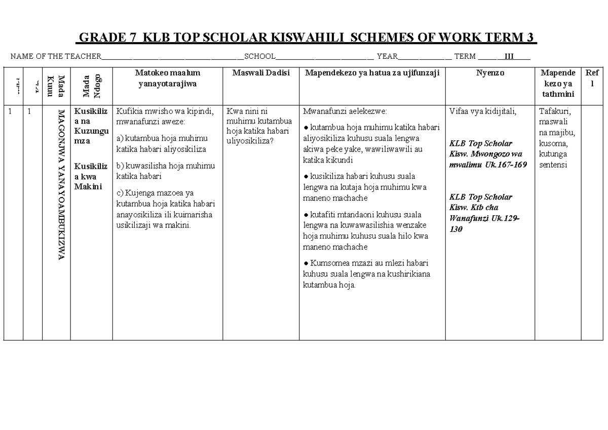 Kiswahili KLB Top Scholar GRADE 7 TERM 3 Schemes of Work - Studocu
