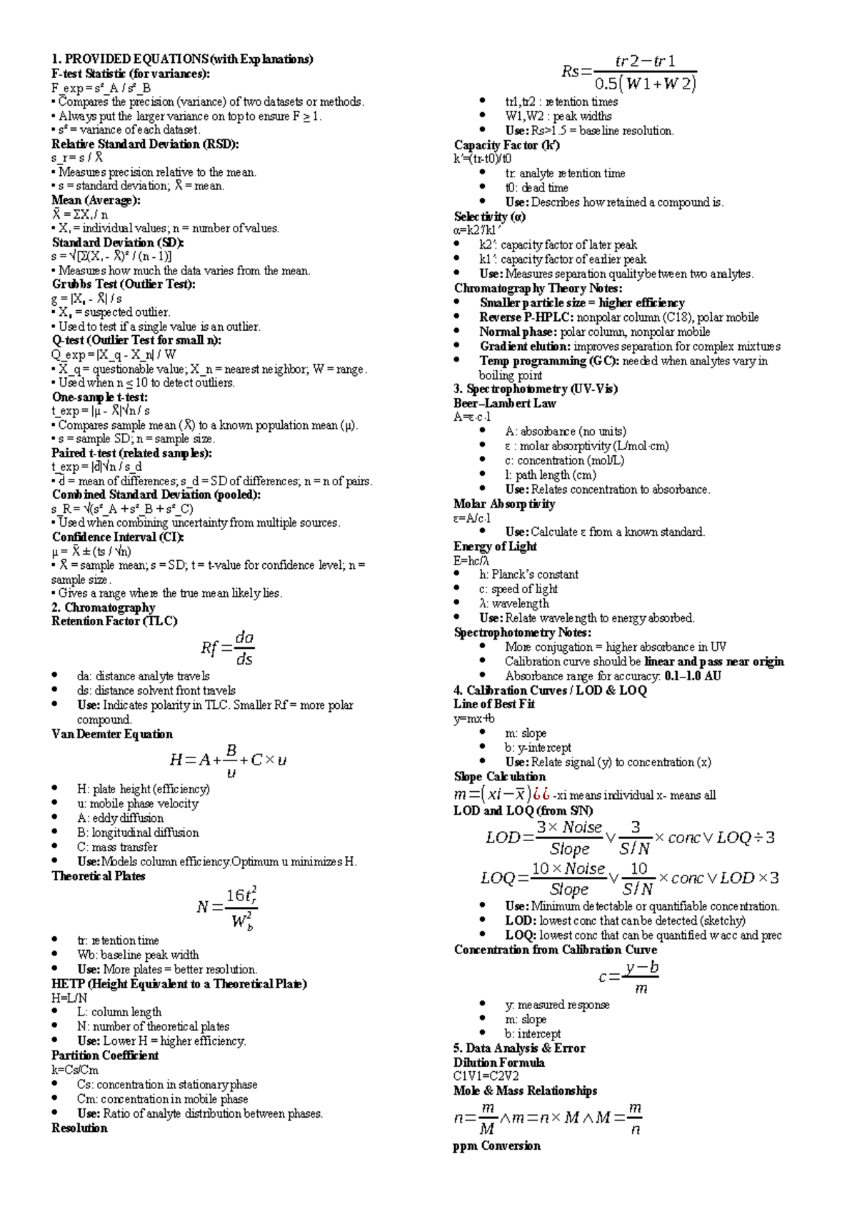 Analytical Chem Cheat Sheet: Final Exam Review - Studocu