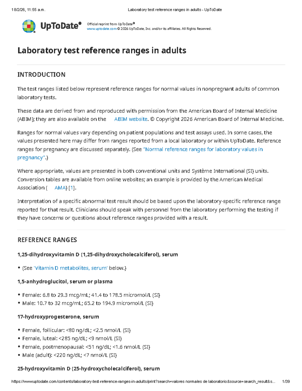 Laboratory Test Reference Ranges in Adults - UpToDate 2026 - Studocu